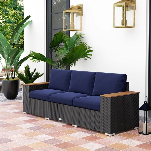 Outsunny 3 Seat Patio Sofa with Cushions PE Rattan Outdoor Couch with Wood Grain Wide Armrests for Porch On Sale Bed Bath Beyond 39851172