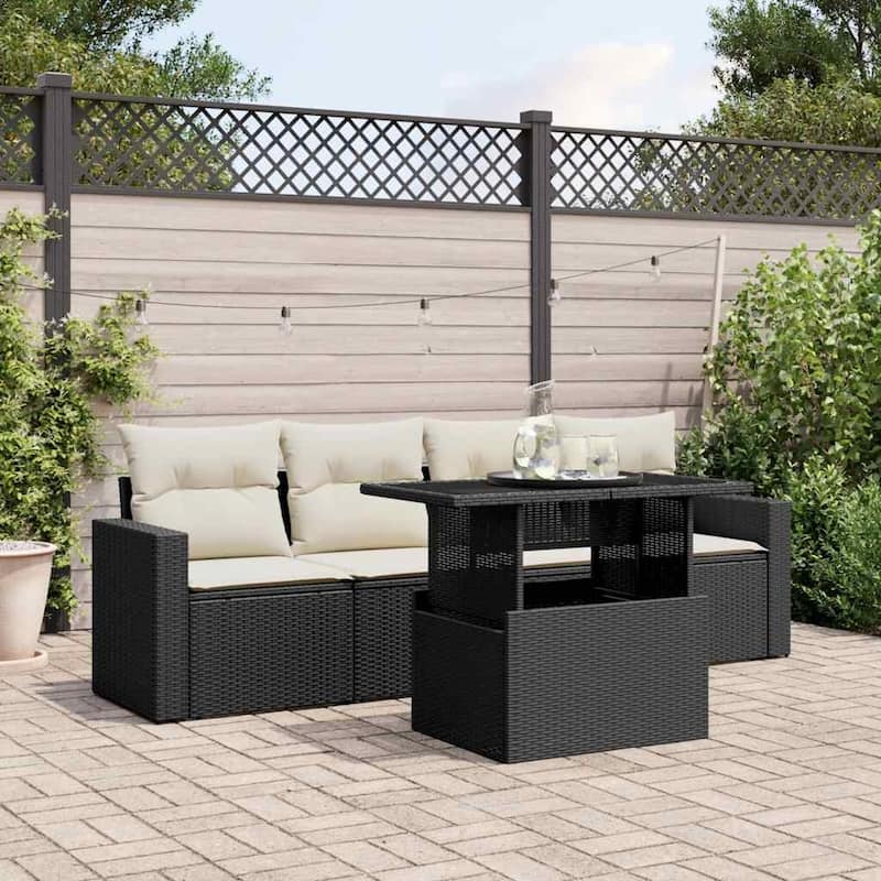 vidaXL Patio Sofa Set with Cushions Outdoor Furniture 5 Piece Poly Rattan - 21.7 x 39.4 x 28.7 in - Black and cream without storage