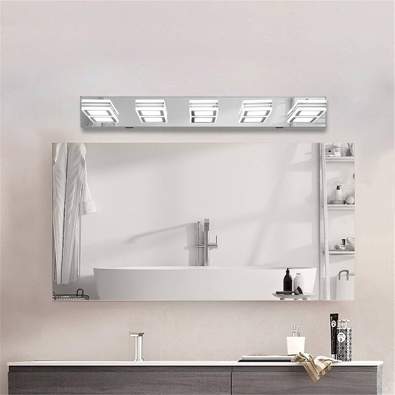32" Modern 5-Light LED Vanity Light, Square Acrylic Lampshades Wall Mount Fixture for Bathroom, Mirror Lighting