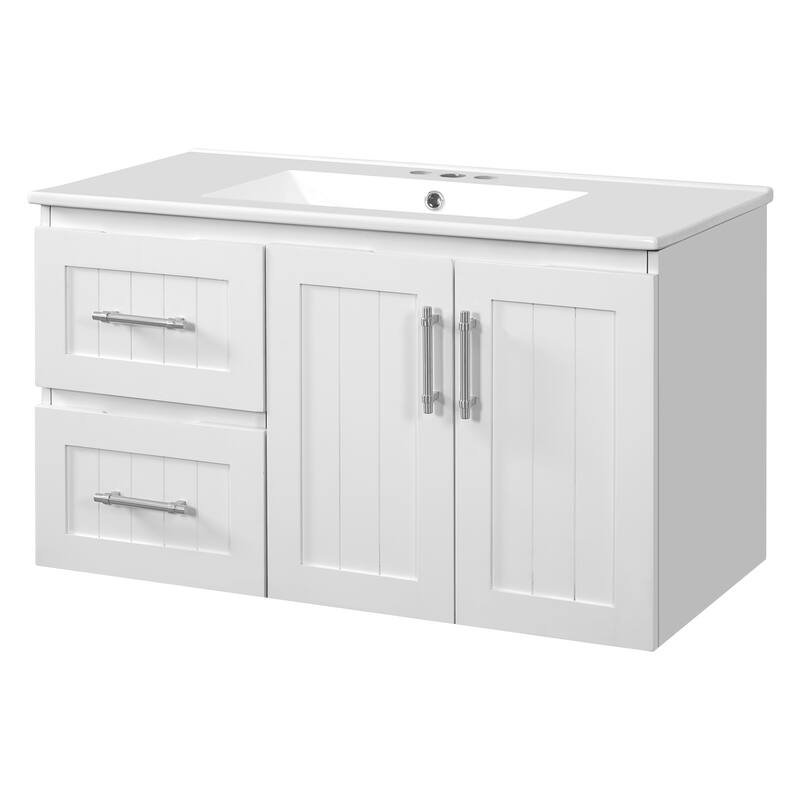 GDFStudio - Ardwell Modern Wall-Mounted Bathroom Vanity with 3 Holes Single Ceramic Sink, 2 Storage Drawers & Adjustable Shelf