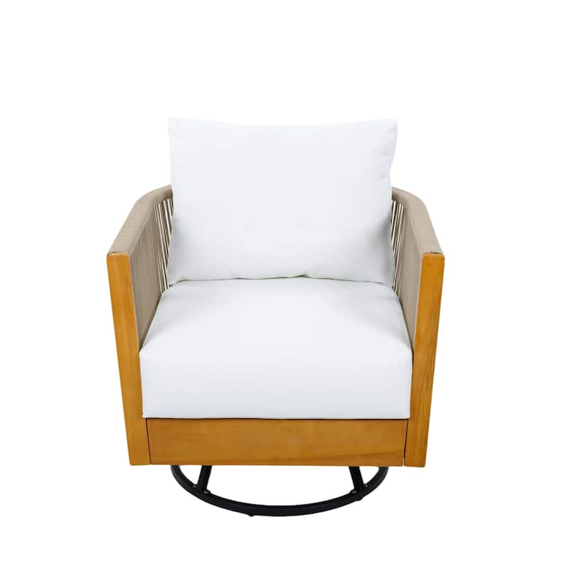 Christopher Knight Home - Alder Acacia Wood Outdoor Handwoven Cushioned Swivel Chairs Set with 27.5" Round Slat-Top Bistro Table