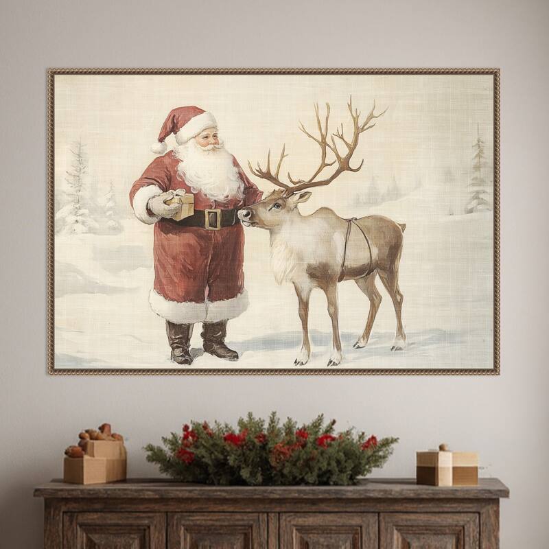 Santa Claus with Reindeer in Winter Wonderland by Melloi Art Prints Framed Canvas Wall Art Print - Sylvie Beaded Dark Gold