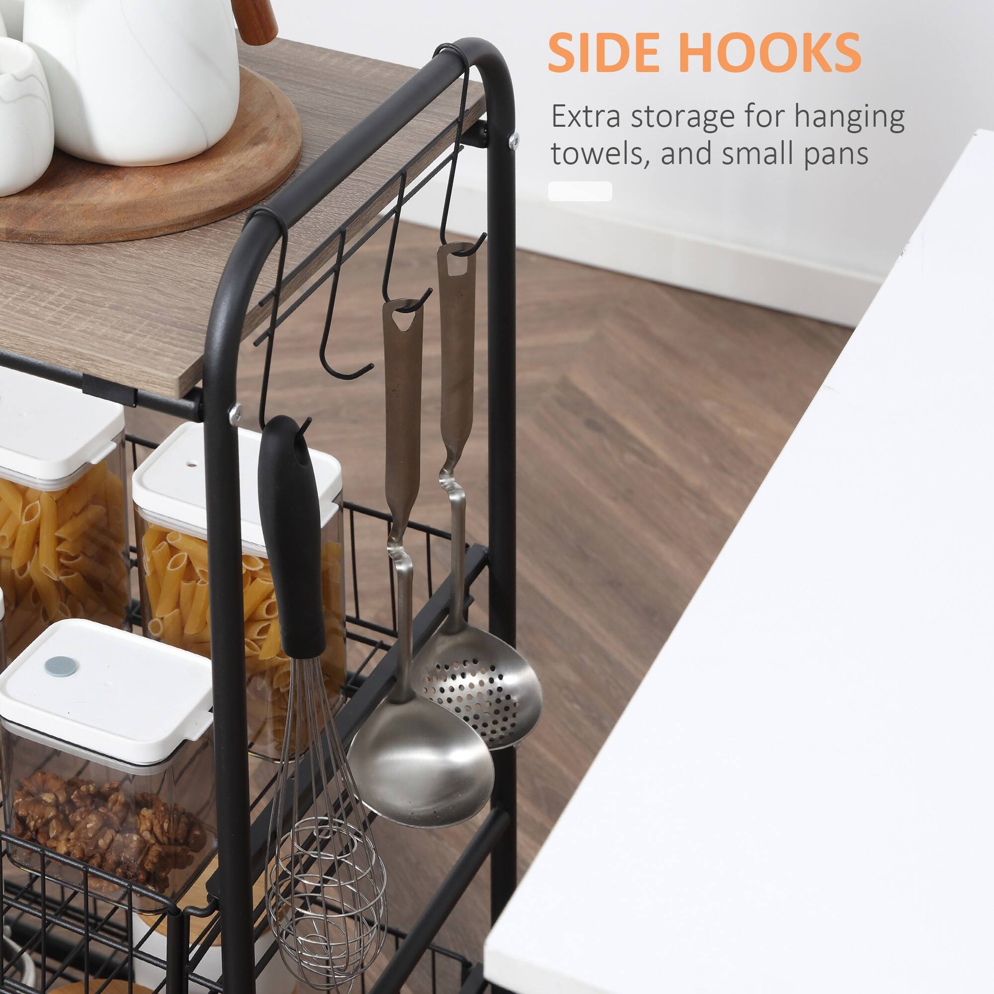 3-Tier Rolling Microwave Cart, Wood Kitchen Cart on Wheels with 2 Metal