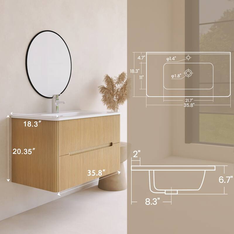 Emma 36 inch Wall-Mounted Bathroom Vanity Set with Integrated Ceramic Sink - 36"x18"x20"