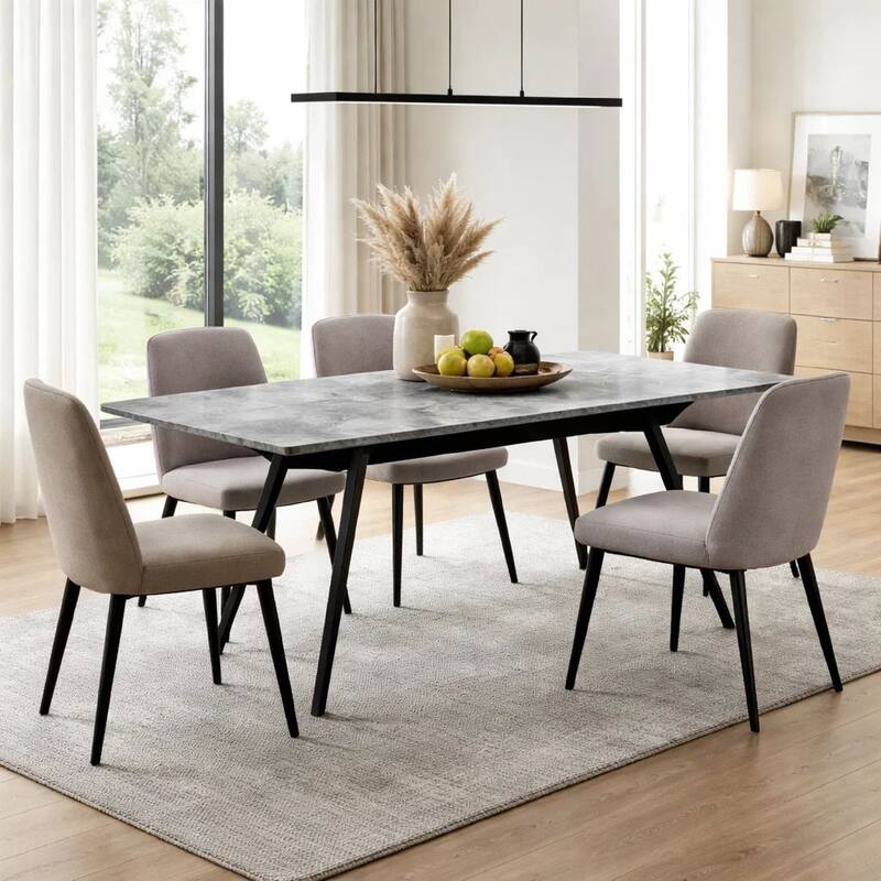 79 Inch Extendable Modern Dining Table, Textured Stone Surface, Warm Gray