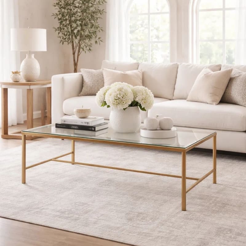 Ova Coffee Table, 47 Inch Rectangular Glass Top, Antique Gold Iron