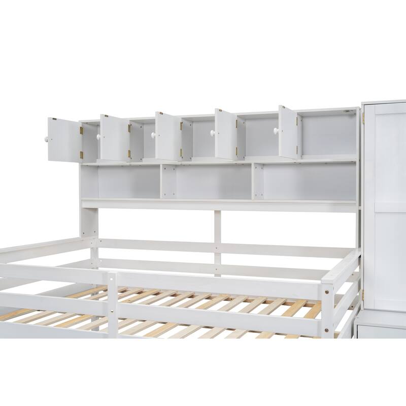 White Full Size Wooden Loft Bed with Integrated Wardrobe, Under-bed Desk, Drawers, with Shelves