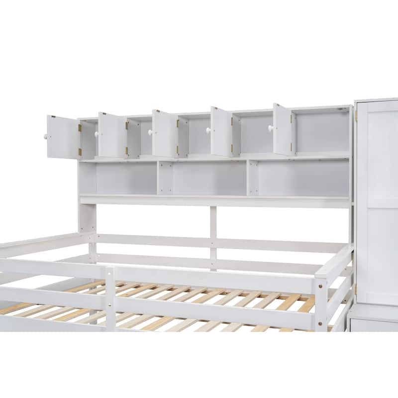 Wooden Loft Bed with Integrated Wardrobe, Under-bed Desk, Drawers, with Shelves