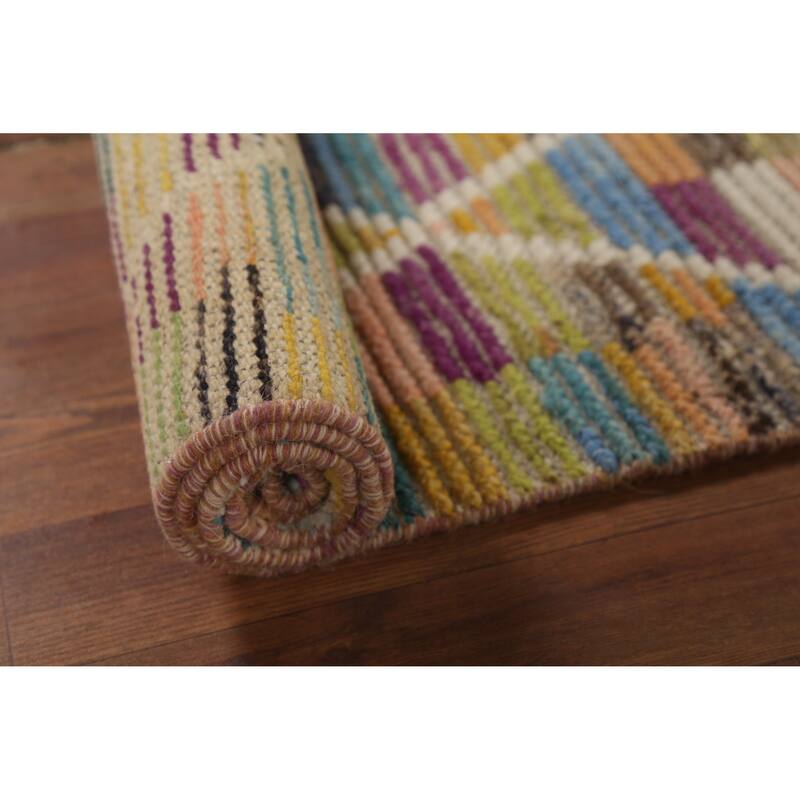 Hand Knotted Oriental 100% Wool Carpet Modern All-Over Multi-Colored Moroccan Runner Rug - 12' 9'' X 2' 5''