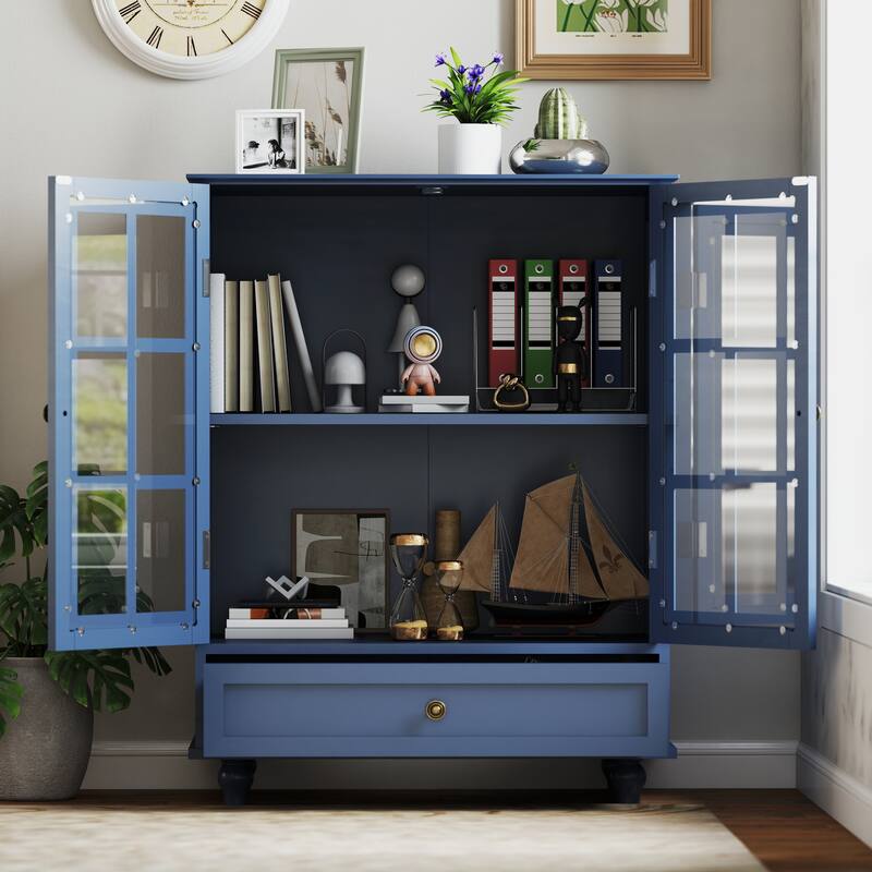 Accent Cabinet with Glass Doors and Drawers, Wooden Buffet and Sideboard Cupboard with Storage