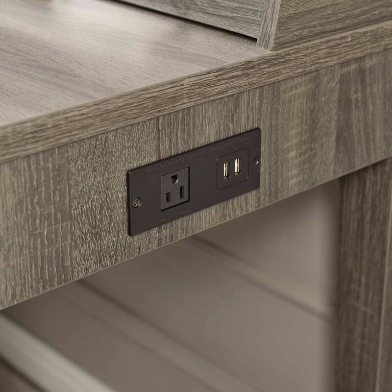 L-Shaped Workstation Home Office Desk Grey Mini Hutch Return Credenza Sliding Door Aluminum Metal Hardware