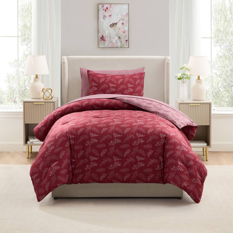 Empyrean 7 Pc Botanical Comforter Set with Sheets, Soft Breathable Lightweight Bedding Bag - Mulberry/Smoky Lavender - Twin