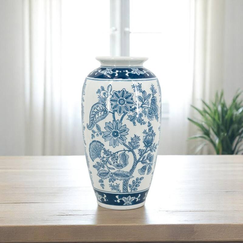 15" Light Blue And White Floral Porcelain Urn Vase - 7.5 - Light Blue/White - 7.5