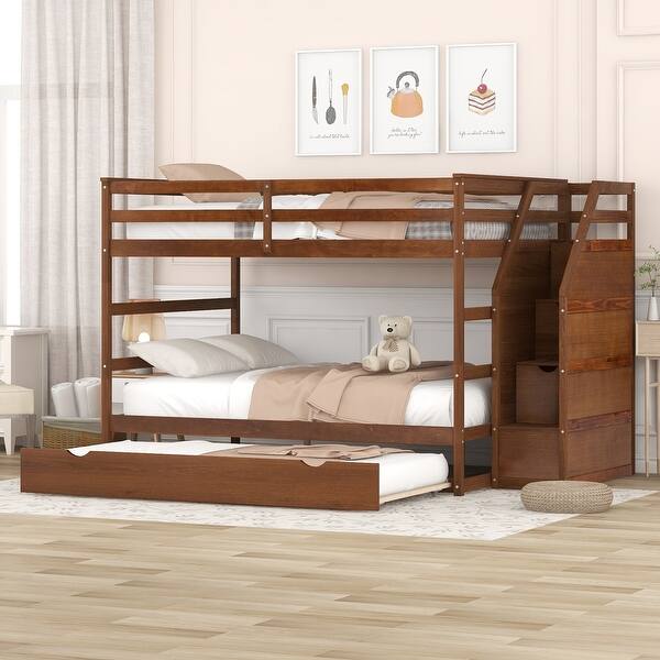 slide 2 of 9, Walnut Elegant Full-Over-Full Bunk Bed with Trundle and 3 Storage Stairs Walnut