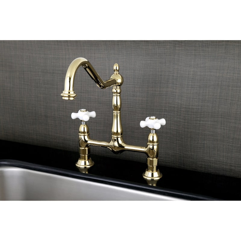 Kingston Brass Heritage Bridge Kitchen Faucet with Porcelain Cross