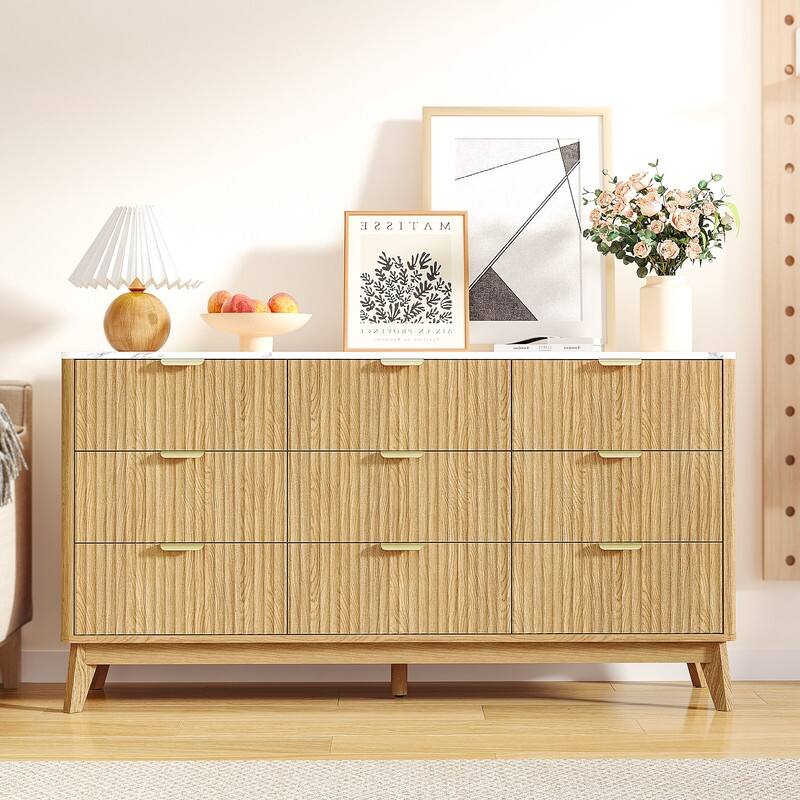 57" Wooden Buffet Cabinet With Faux Marble Top & Fluted Chest Of Drawers With Curved Edges