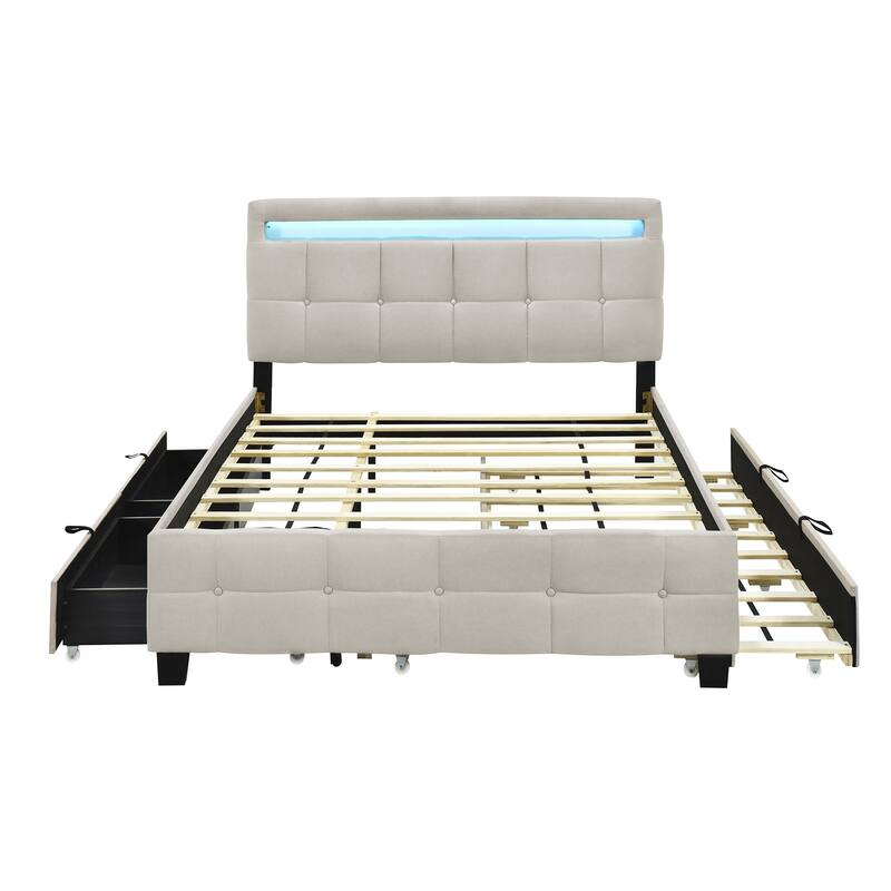HomeRoots Beige Tufted Upholstered Lighted Queen Bed Frame With Trundle And USB And Drawers