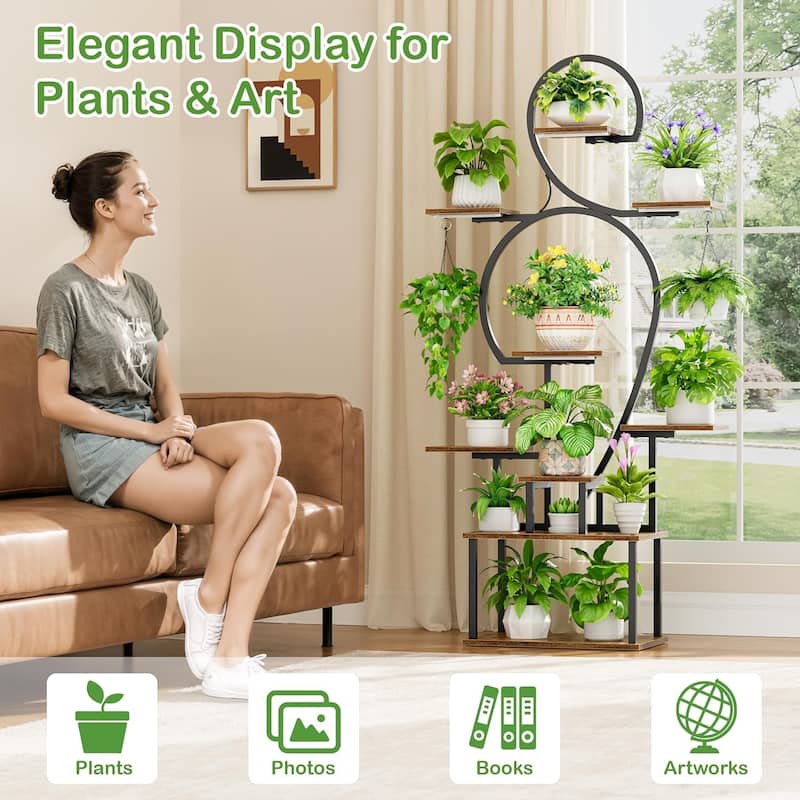63" 9-Tier Indoor Plant Stand with Integrated Grow Lights – Tall Metal Shelving Unit for Multiple Plants in Living Room.