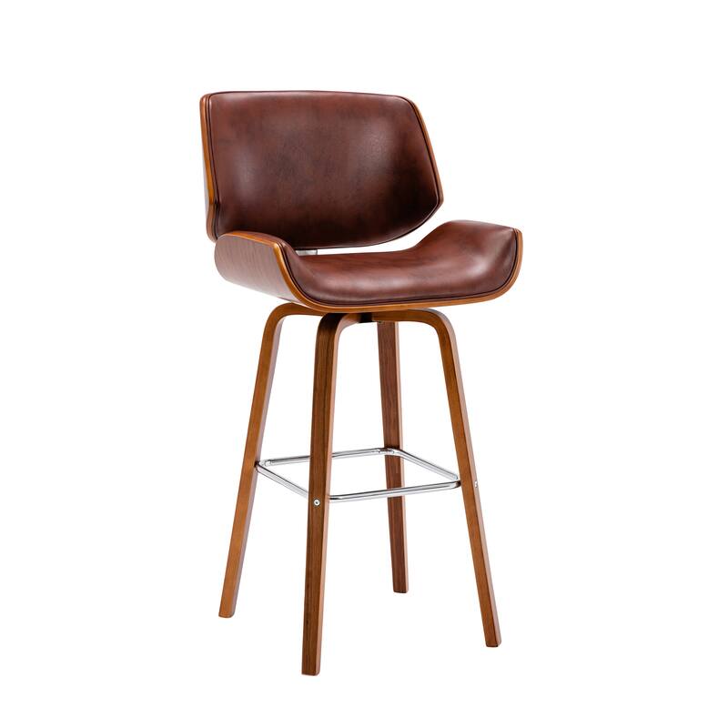 Porthos Home Oma Swivel Bar Stool, PU Leather, Wooden Legs with Footrest - Brown