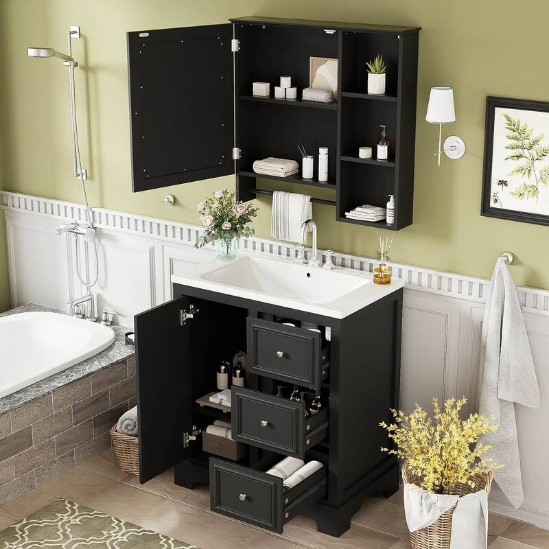 30'' Bathroom Vanity with Top Sink, Freestanding Vanity Set with Mirror Cabinet