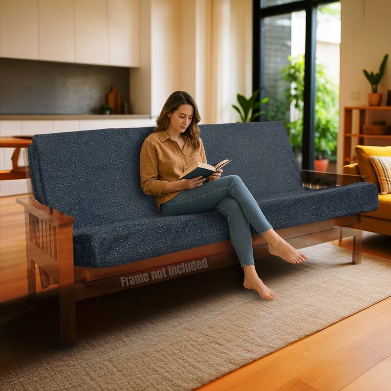 Memory Foam Infused Futon Mattress Full XL - Washable Removable Cover, Thick Foldable Sofa Bed Cushion (Frame NOT Included) - Denim+Brown