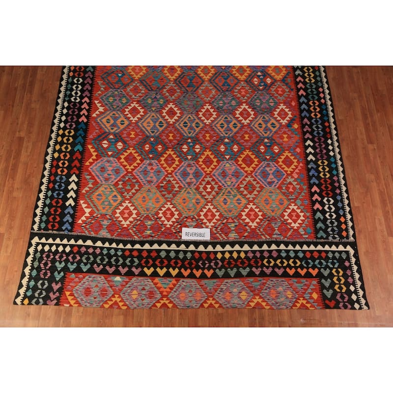 Reversible Kilim Oriental Area Rug Hand-Woven Orange Wool Carpet - 9'8"x 13'0"