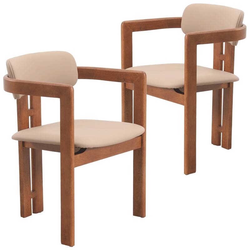 Dining Chairs Upholstered Leather Seats in Rubberwood Set of 2 Arm Chairs Open Back Design - Dark Natural/Taupe