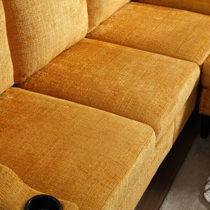 Modular Sectional Sofa with Storage Ottoman, Comfy Chenille Fabric Sofa, 3-Seater Sofa with Side Pockets & 2 Cup Holders