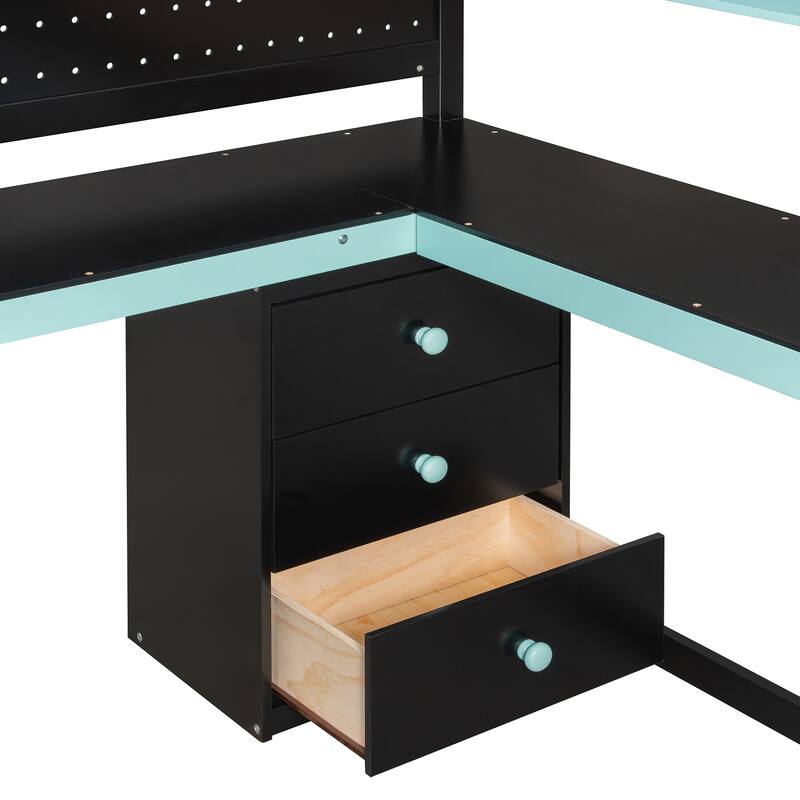 Gaming Loft Bed with Desk - Full/Twin, Includes Storage Stairs, Shelves & Pegboard