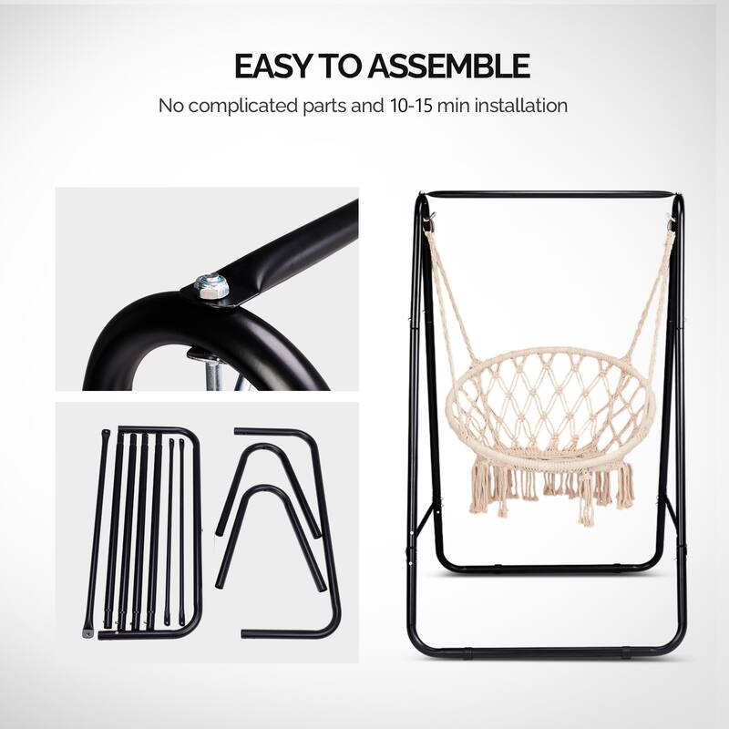 Black Hammock Chair Stand with Double-Hook and Heavy-Duty Steel A-Frame for Indoor Outdoor Setup - 40.2” x 36.2” x 59.1”