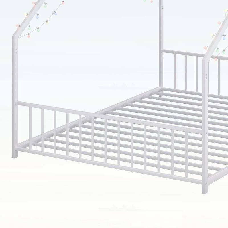 Platform Bed with LED light strips,roof-shaped iron frame,and low profile design for safety and style