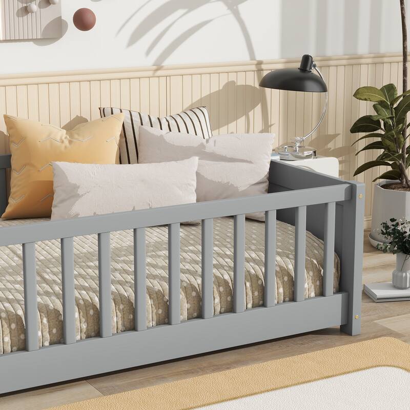 Grey Twin Floor Platform Bed with Built-in Book Rack and Safety Fence