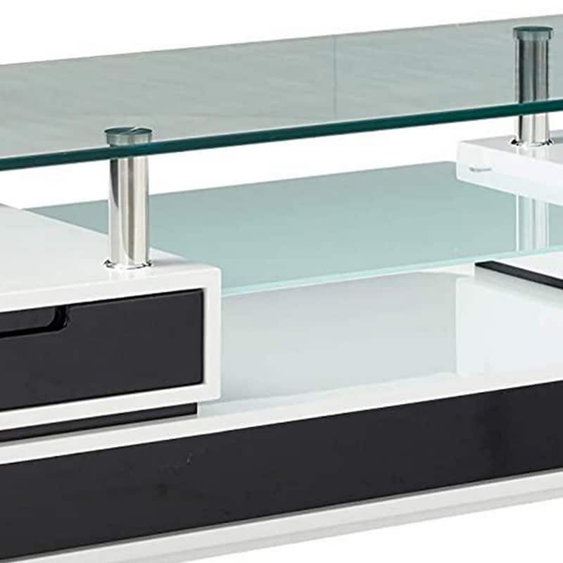 63 Inch TV Entertainment Console, Glass Top, Chrome Posts, Black, White