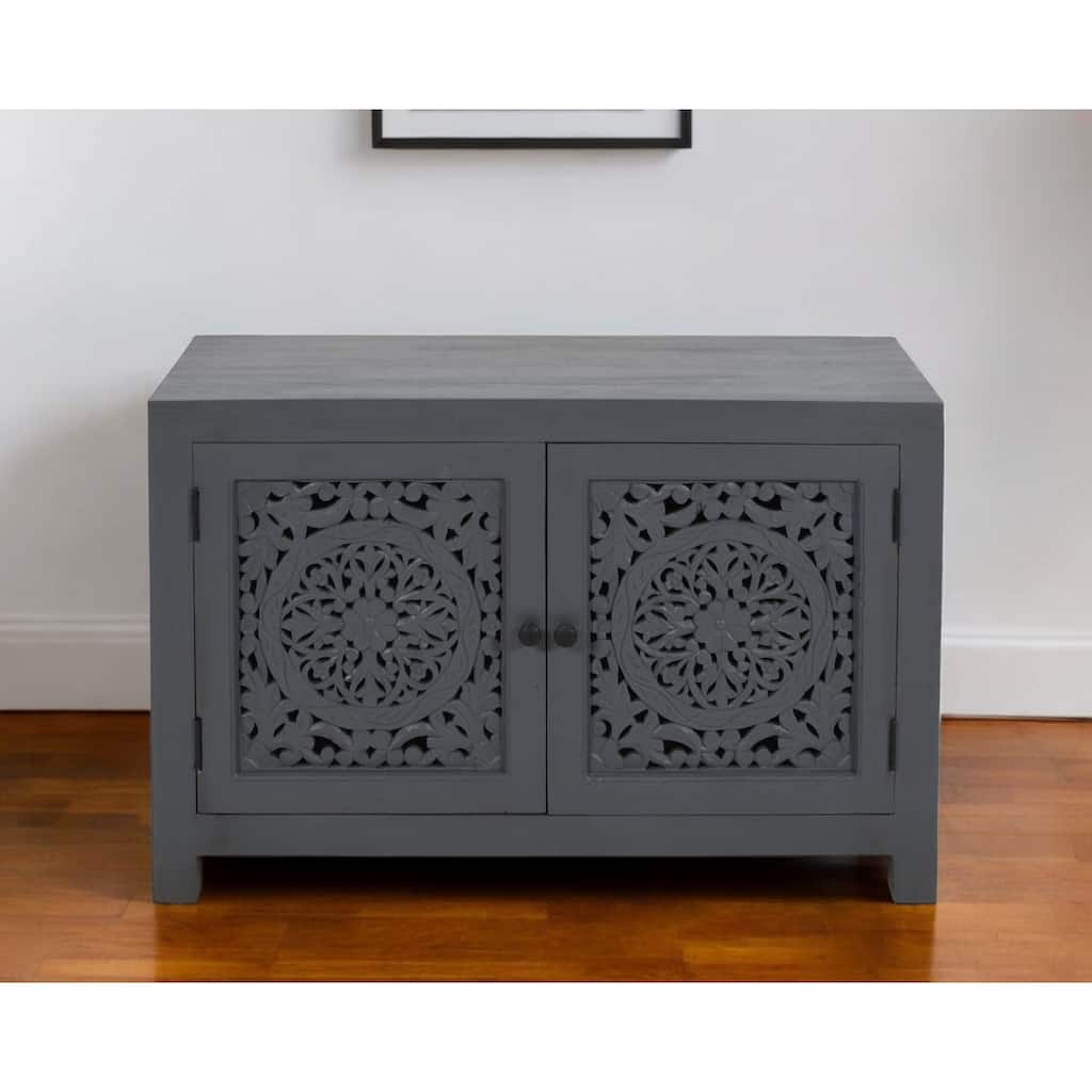 HomeRoots 30" Gray Distressed Solid Wood Textured Door Accent Cabinet With Two Doors