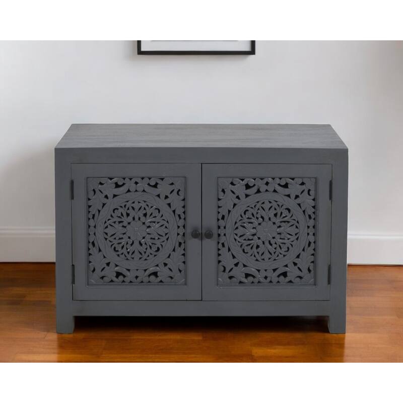 HomeRoots 30" Gray Distressed Solid Wood Textured Door Accent Cabinet With Two Doors - Gray