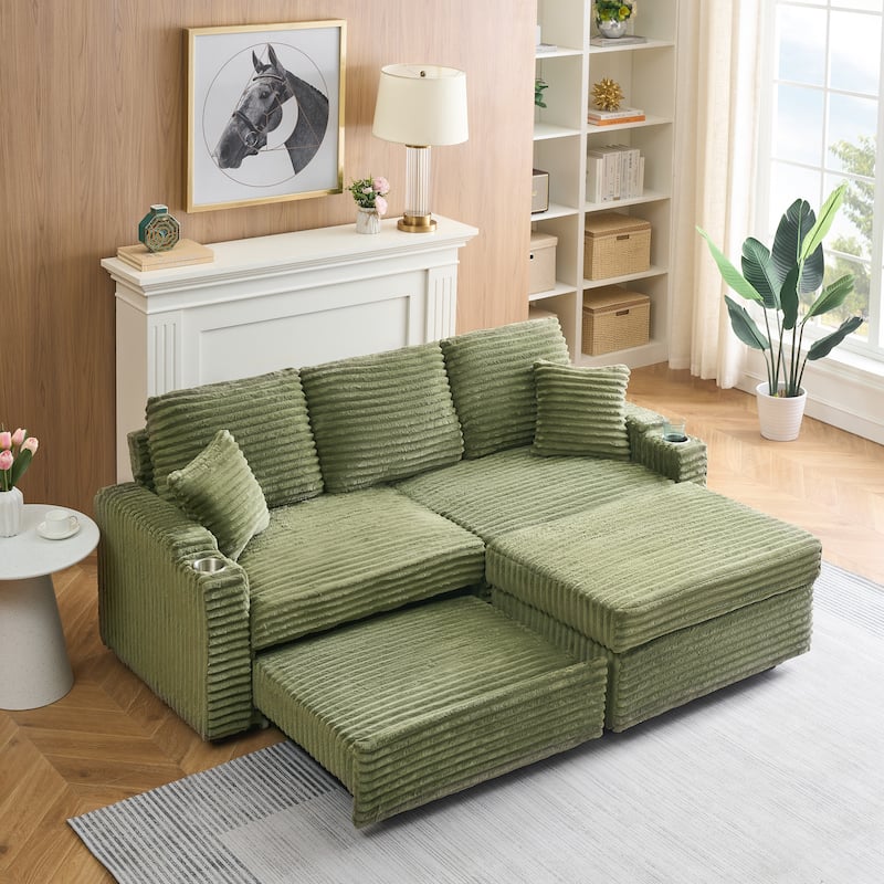 Multi-Function Corduroy Sectional Sofa Hidden Reclining Couch with Storage Ottoman Chaise Lounge, Pillows and Cup Holders - Green