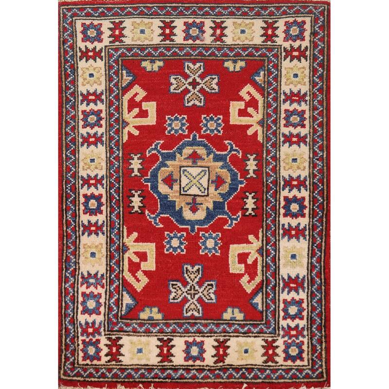 Geometric Kazak Rug Hand-Knotted Traditional Red Wool Carpet - 2'0"x 3'0"