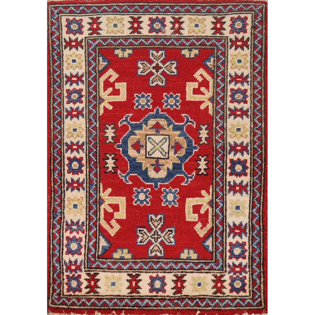 Geometric Kazak Rug Hand-Knotted Traditional Red Wool Carpet - 2'0"x 3'0"