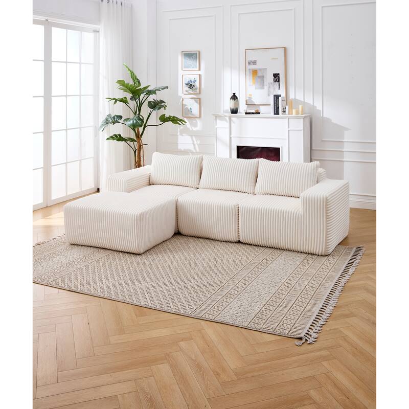 L-Shape Sectional Sofa with Ottoman, Fabric Upholstered Floor Cloud Couch, Modular Corner 3 Seat Sofa with Deep Seat