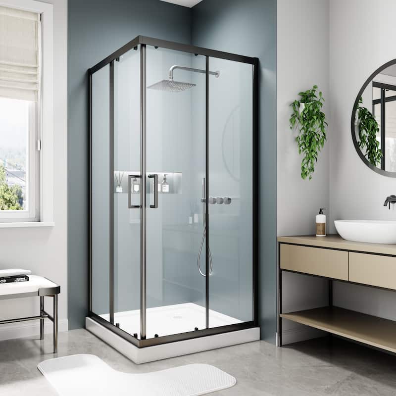 Modland 36x71''H Corner Double Sliding Shower Door with 6mm Tempered Glass for Space-Saving Sliding Design, Black/Gold