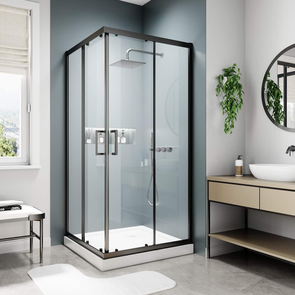 Modland 36x71''H Corner Double Sliding Shower Door with 6mm Tempered Glass for Space-Saving Sliding Design, Black/Gold