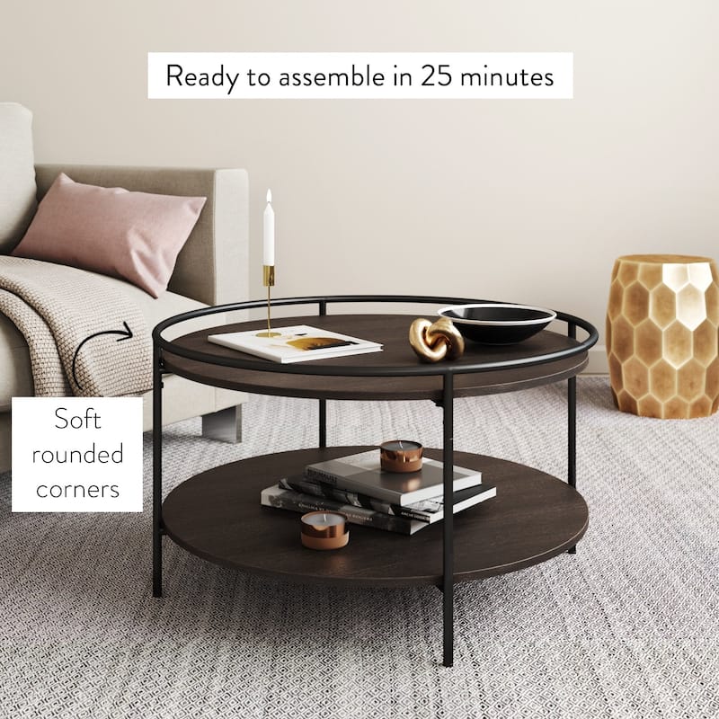 Nathan James Paloma Round Coffee Table Tray Top Edge, Oak/Black