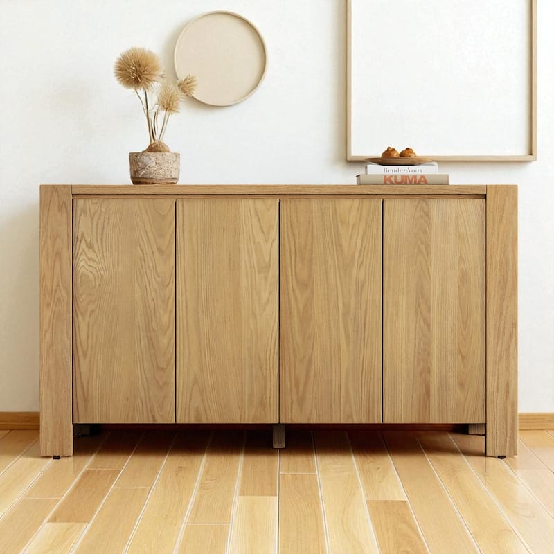 Retro 4-Door Buffet Cabinet with Adjustable Shelves, Distressed Wood Sideboard Storage for Dining Room or Kitchen - Natural