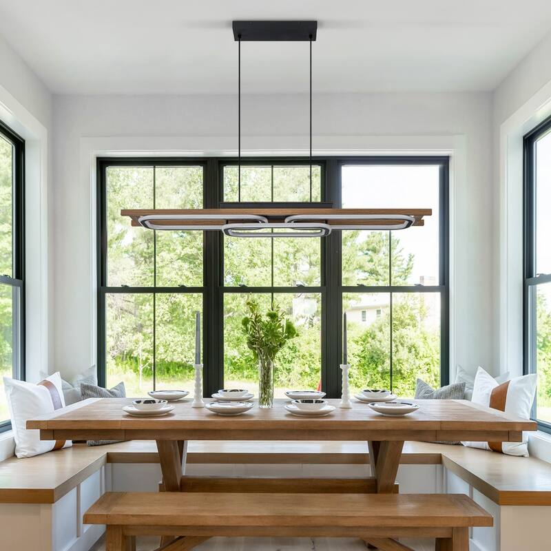 3-Light 43 in. Integrated LED Linear Chandelier Wood Kitchen Island Pendant - 43.3''W