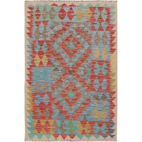 Shahbanu Rugs Colorful Reversible Flat Weave Afghan Kilim Pure Wool Hand Woven Oriental Rug (2'8" x 4'0") - 2'8" x 4'0"