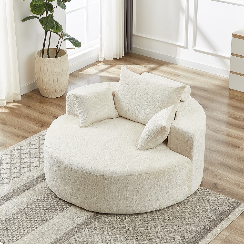 Beige Modern 55" Round Chenille Sponge Single Sleeper Sofa with Backrest Pillow for Living Room