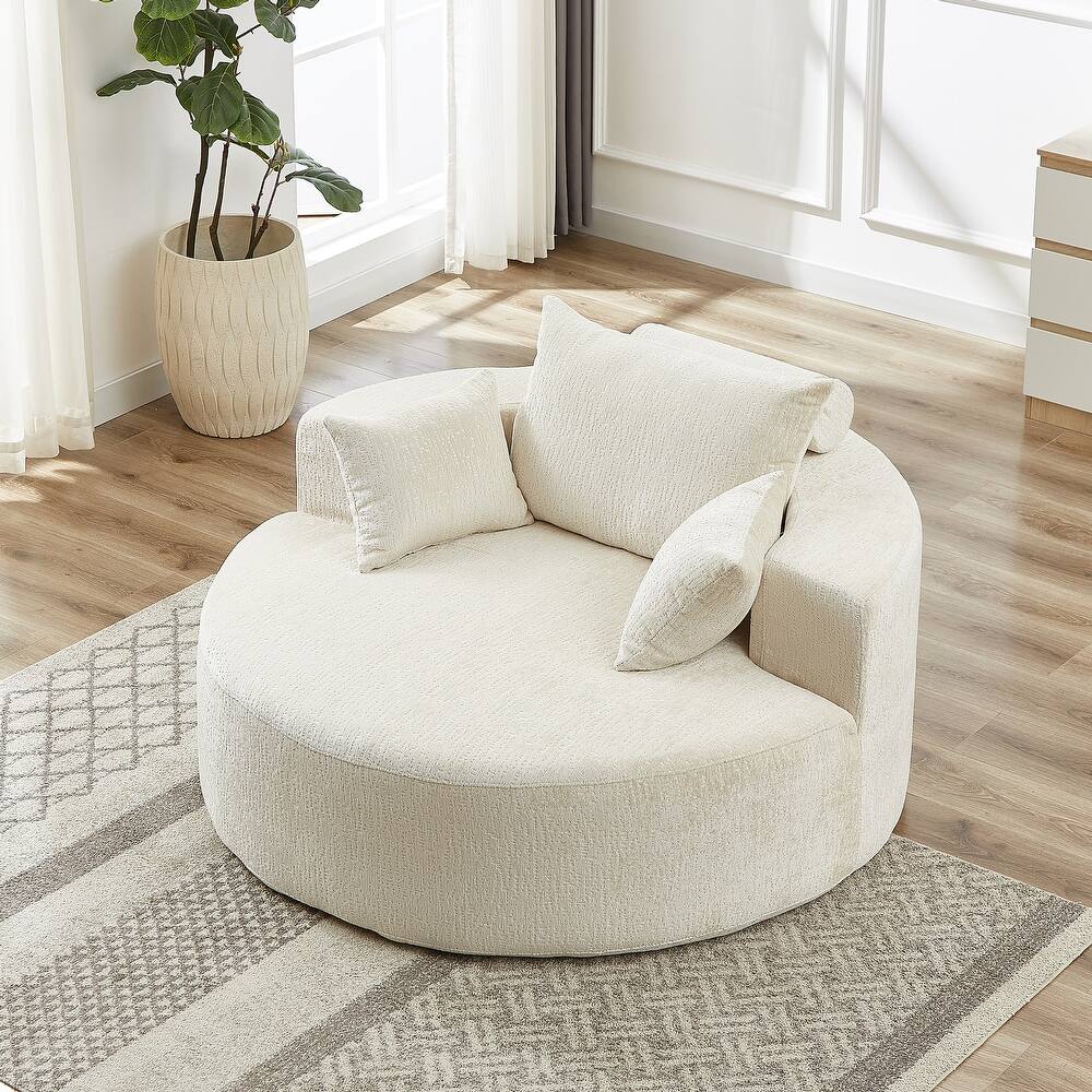 Beige Round Chenille Single Sleeper Sofa with Backrest Pillow