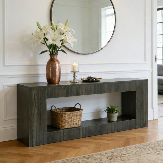 63-Inch Low Console Table, Wooden Entryway Shoe Bench with Storage