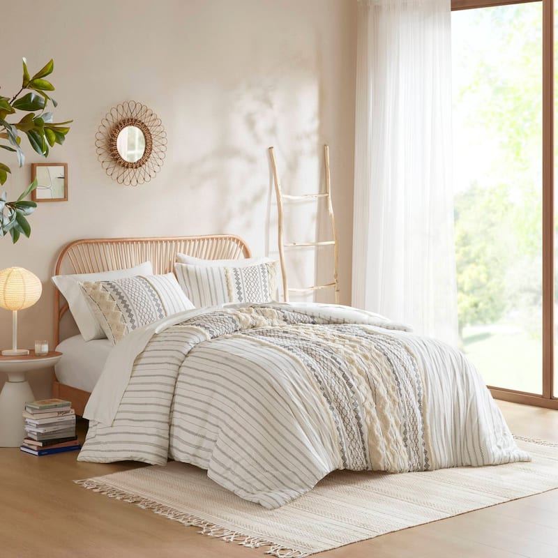 INK+IVY Imani Cotton Printed Duvet Cover Set with Chenille - Ivory - Queen