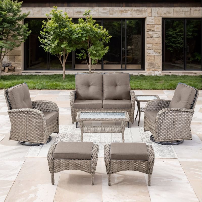 Gymojoy 7-Piece Outdoor Wicker Patio Furniture with Loveseat Glider, Rattan Coversation Set with Water Resistant Cushions - Grey Wicker / Grey Cusion - 7-Piece
